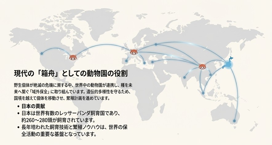動物園が種の保存を行う「域外保全」の役割を担っていることと、日本国内で約260〜280頭が飼育され、世界有数の飼育国であることを説明するスライド。