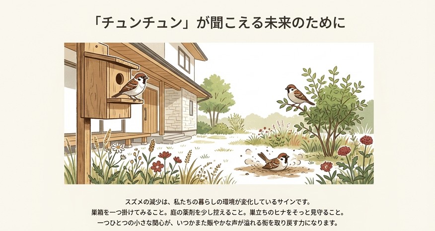 巣箱が設置され、草花が植えられた庭でスズメたちが過ごしている様子。環境への配慮がスズメを守ることにつながるというメッセージ。