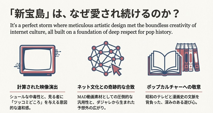 緻密な映像演出、ネット文化との合致、ポップカルチャーへの敬意という3つの要素が重なり、愛されるミームとなったことをまとめたスライド。