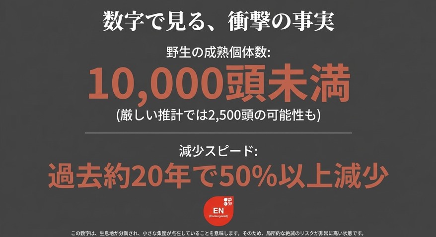 野生の成熟個体数が10,000頭未満であることや、過去約20年で50%以上減少したこと、絶滅危惧（EN）に分類されていることを示すデータスライド。