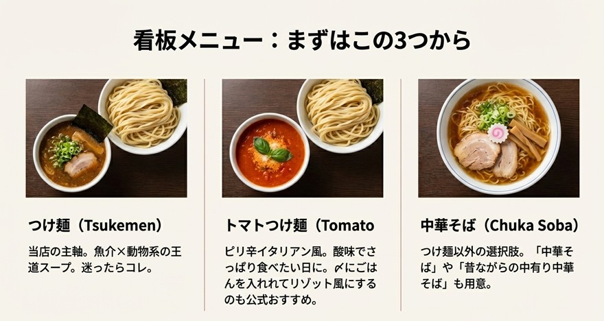 看板メニューのつけ麺、女性に人気のトマトつけ麺、定番の中華そばの写真と特徴紹介
