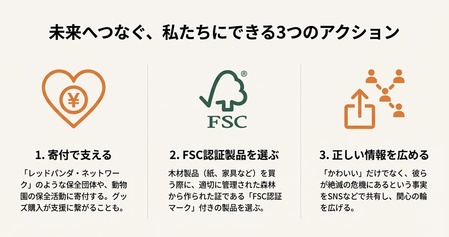 レッサーパンダを守るための具体的な行動として、寄付、FSC認証製品の選択、SNSでの情報拡散の3つをアイコン付きで紹介しているスライド。