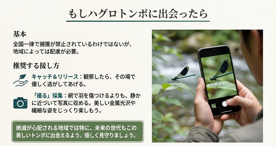 スマートフォンでトンボを撮影する様子と、キャッチ&リリースや観察時の配慮を促す解説スライド