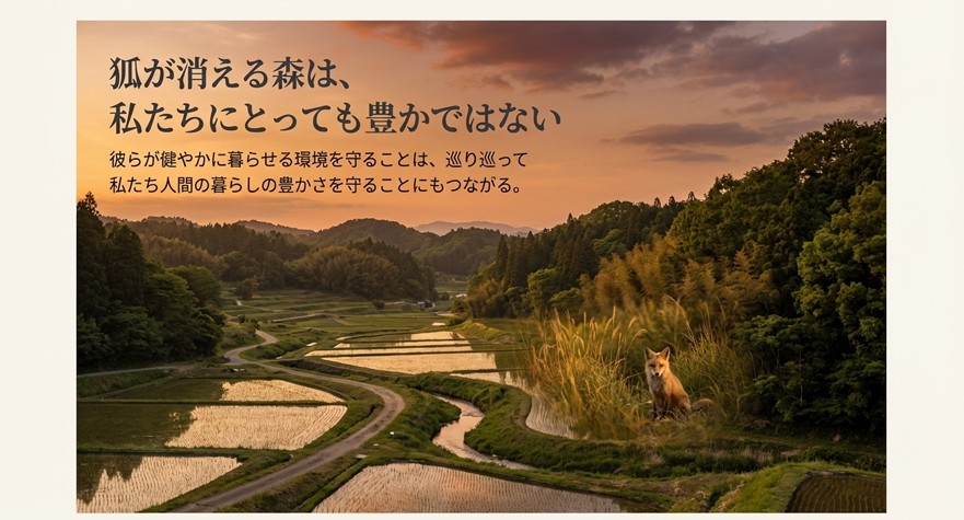 森のシルエットとキツネの姿。「彼らが健やかに暮らせる環境は、人間の暮らしの豊かさにもつながる」というメッセージ。