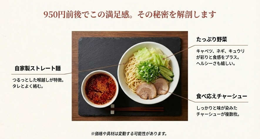 自家製ストレート麺やたっぷり野菜、チャーシューなど価格以上の満足感があるランチメニューの構成要素