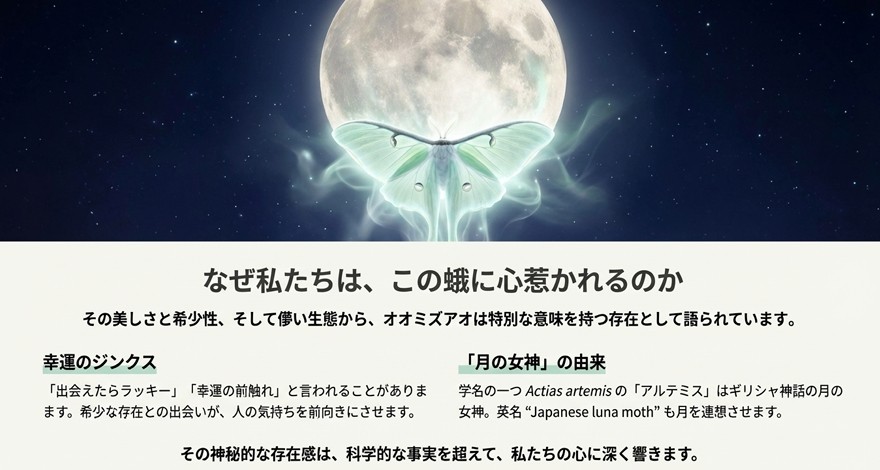 出会えたらラッキーというジンクスや、学名アルテミス（月の女神）に由来する神秘的な魅力を解説したスライド