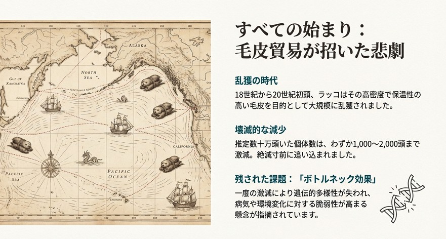 18世紀から20世紀初頭の航海図風イラストと、乱獲により遺伝的多様性が失われたことを示すDNAのイメージ図