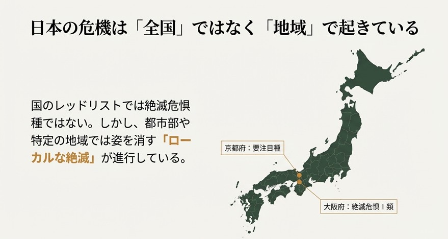 日本地図とともに、京都府で「要注目種」、大阪府で「絶滅危惧Ⅰ類」に指定されていることを示す図。