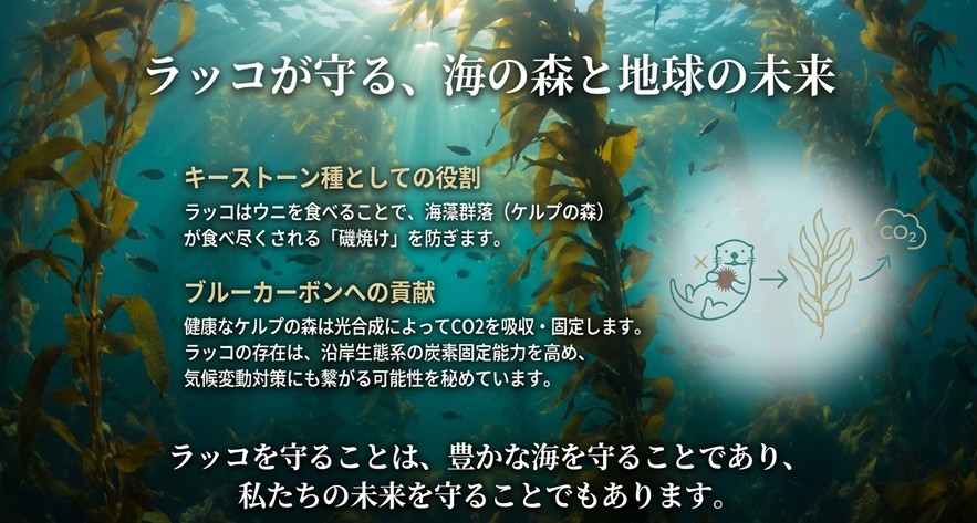 ラッコがウニを食べることで海藻(ケルプ)の森が守られ、CO2吸収(ブルーカーボン)が促進されるサイクルの図解