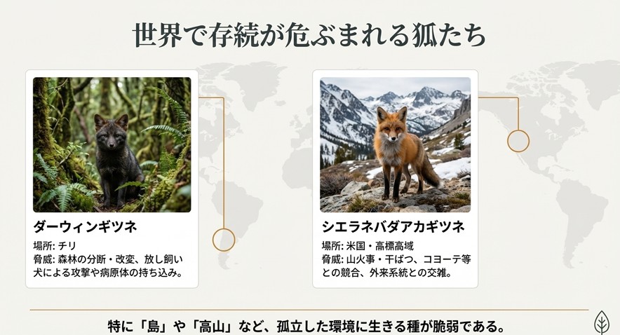森林に生息するダーウィンギツネと、高山帯に生息するシエラネバダアカギツネの写真と生息地・脅威の解説。