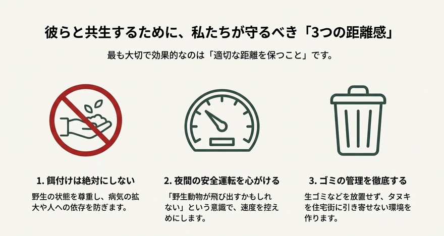 タヌキを守るための3つの行動指針。「餌付け禁止」「夜間の安全運転」「ゴミ管理の徹底」を示すアイコンと解説。