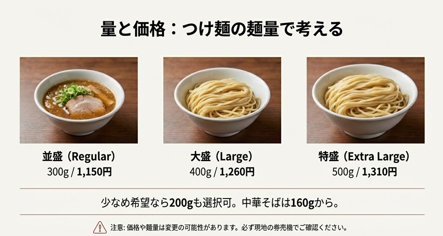 並盛300g、大盛400g、特盛500gの麺量とそれぞれの価格設定についての解説