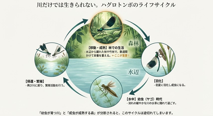 ヤゴから羽化し、林で成熟して再び川に戻るまでのハグロトンボの一生と移動サイクルを描いた図