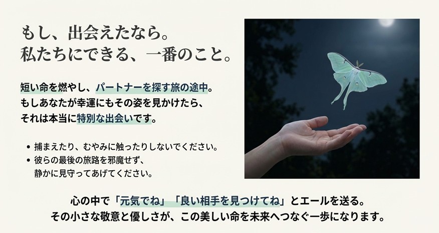 夜空へ飛んでいくオオミズアオの写真とともに、捕まえずに静かに見守りエールを送ろうと呼びかけるメッセージ