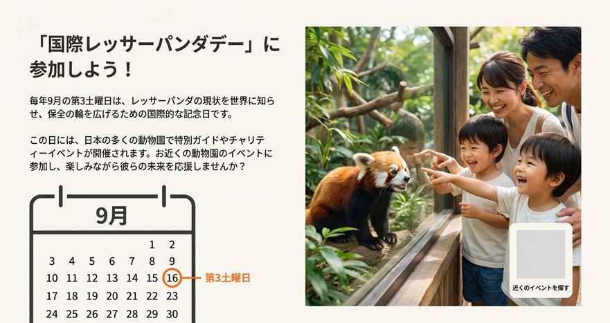 動物園でレッサーパンダを見る家族の写真と、毎年9月の第3土曜日が国際レッサーパンダデーであることを示すカレンダーのイラスト。