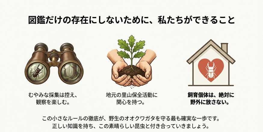 双眼鏡での観察、植樹活動、家の中で大切に飼育する様子を描いた3つのアイコン。「むやみな採集を控える」「里山保全に関心を持つ」「最後まで飼い続ける」という3つのアクションを提案するスライド。