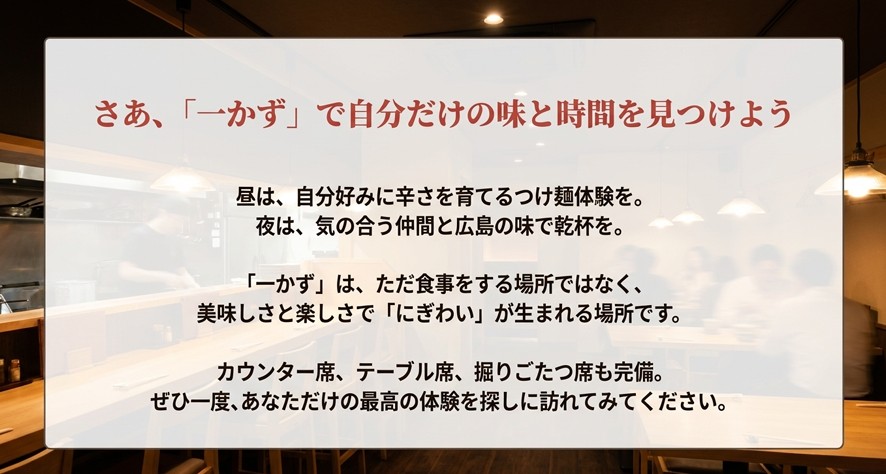 昼のつけ麺体験と夜の酒場利用を通じて「にぎわい」を楽しむことを提案するまとめメッセージ