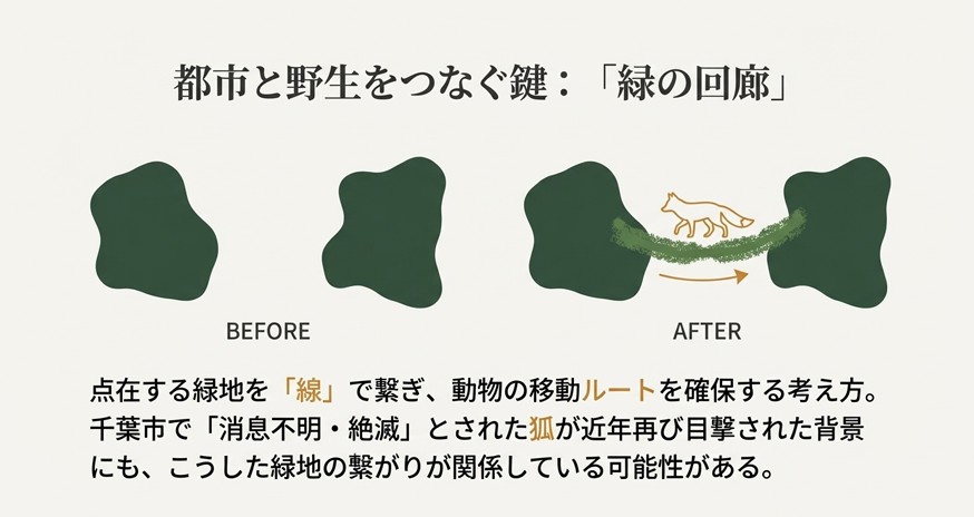 分断された緑地（Before）と、緑地同士を緑の回廊でつなぎキツネの移動ルートを確保した状態（After）の比較イラスト。