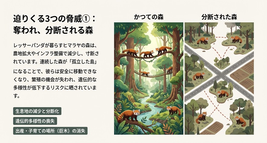 かつての連続した豊かな森で木を渡るレッサーパンダと、道路や農地開発によって森が分断され孤立した「島」状になった森の様子を比較したイラスト。