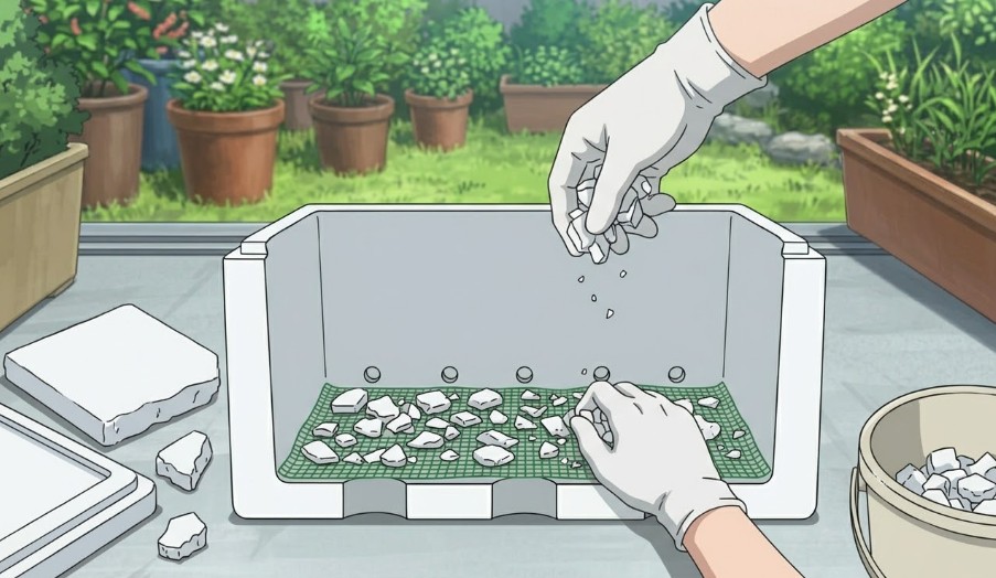 鉢底石の代用に端材を再利用する